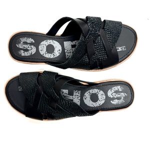 Sorel Ella Slide Sandals Black Leather Size 7.5